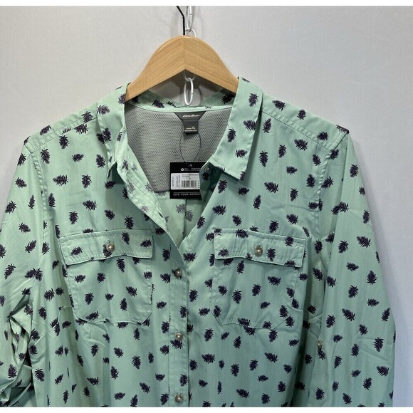 Eddie Bauer Adventurer 3.0 Green Leaf Print Blouse RollTab Button XL Outdoor New - Picture 5 of 15